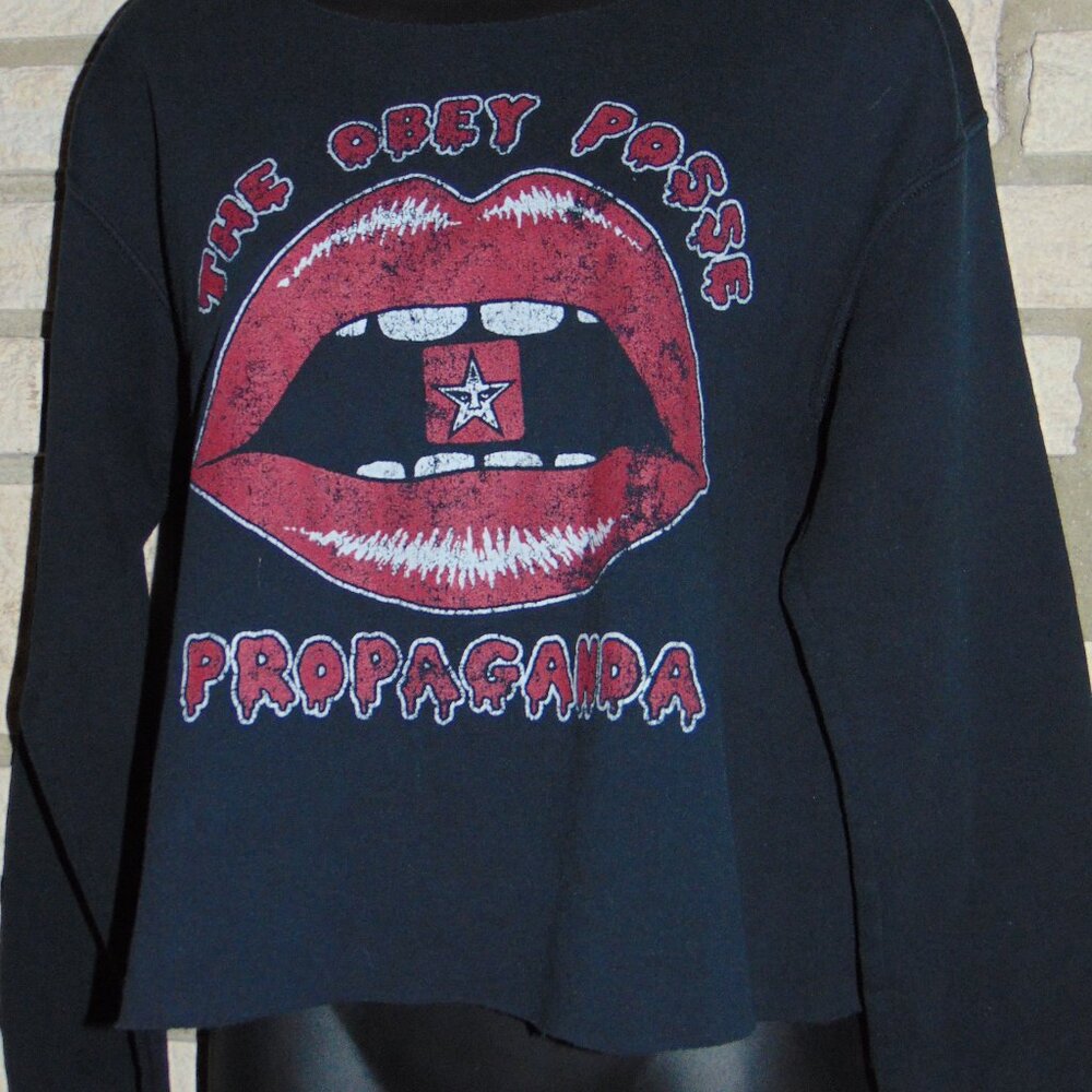 OBEY Posse Propaganda SWEATSHIRT Cut Raw Hem Neck Womens Gothic Grunge Top M/L